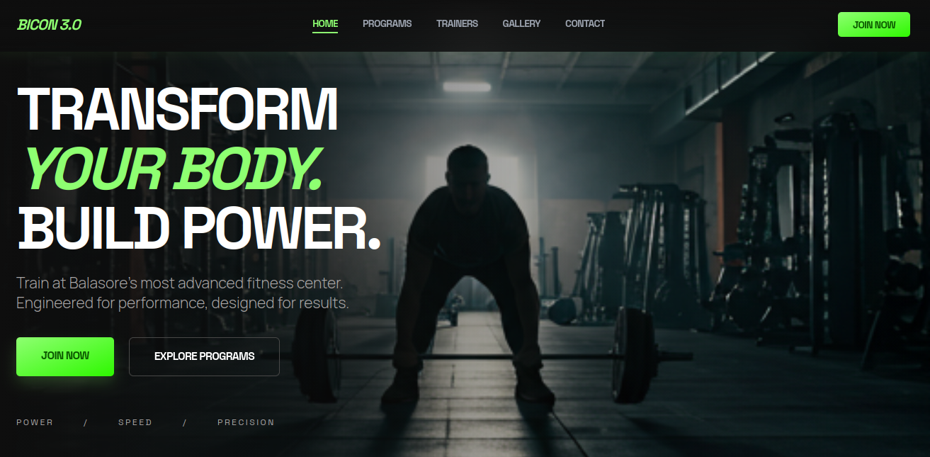 Bicon 3.0 gym and fitness website with dark theme and neon green accents